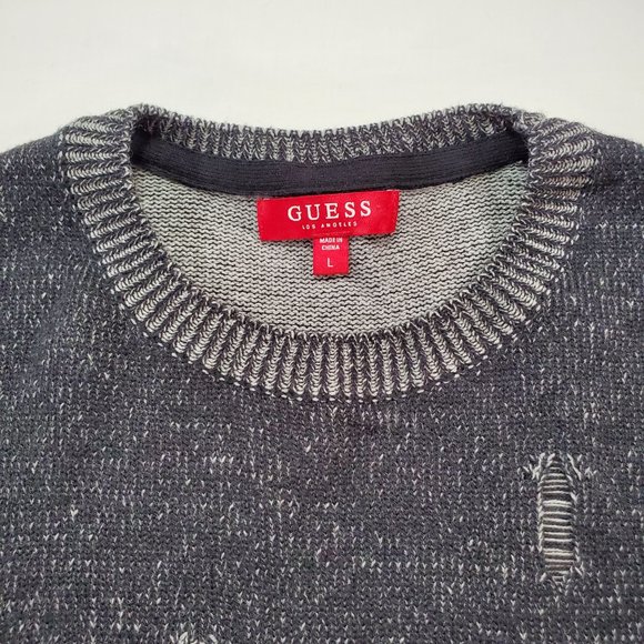 Guess Sweater Men Large Black Tight Knit Slim Oversized Tattered Look Split Hem - Picture 3 of 16